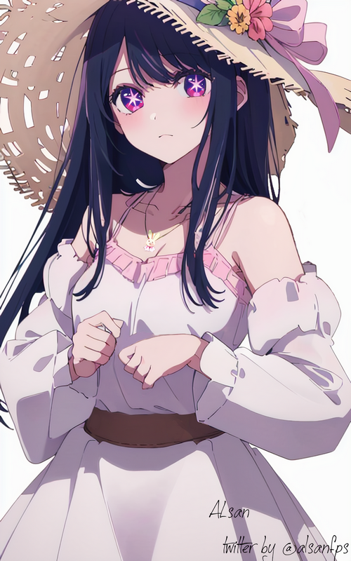 Hoshino Ai wearing a straw hat and dress