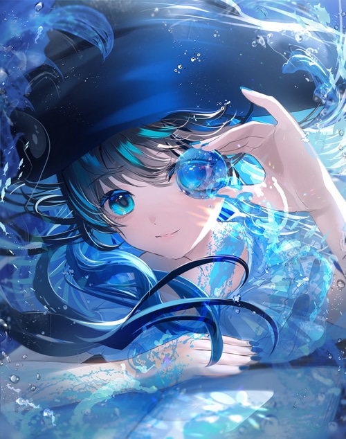 Anime girl with blue hair and eyes in water