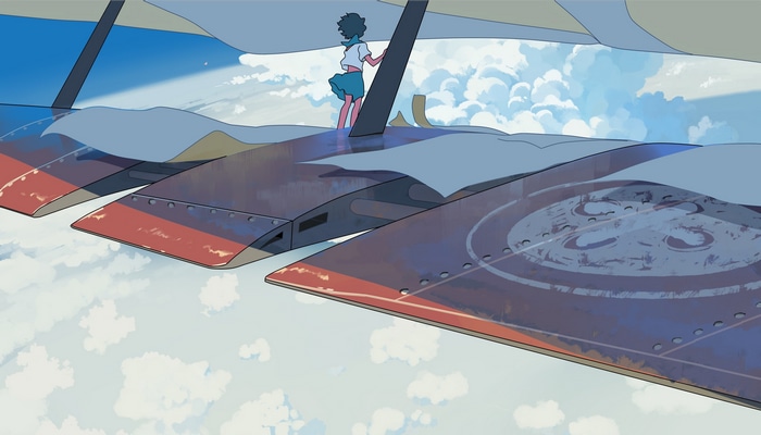 Girl in school uniform on an airplane wing