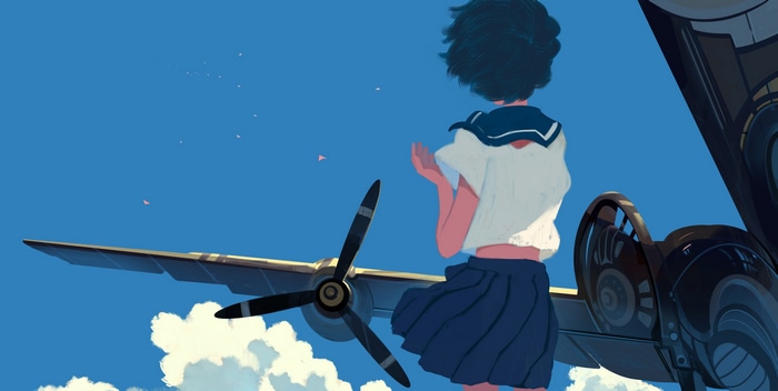 Girl in school uniform on an airplane