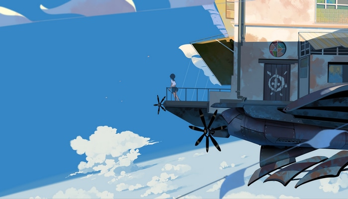 Girl in school uniform on an airship overlooking clouds