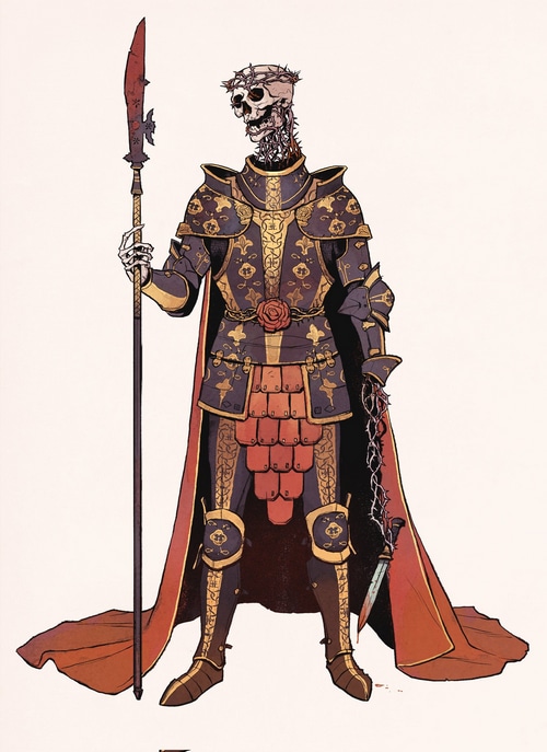 Skeleton knight in ornate armor with a crown of thorns