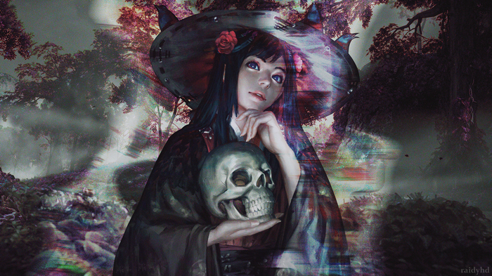 4K GUWEIZ witch with skull and flowers