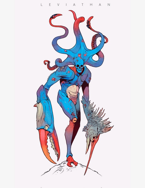 Leviathan creature with crab claw and fish head