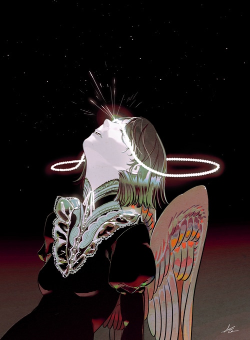 Angel with glowing forehead and wings in dark sky