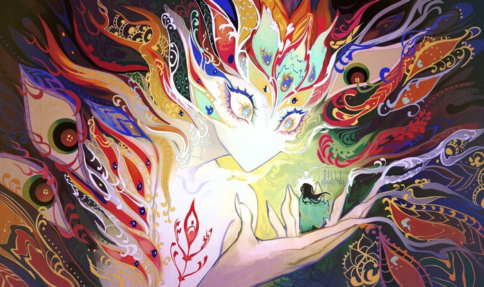 Artwork of a woman with colorful, ornate patterns