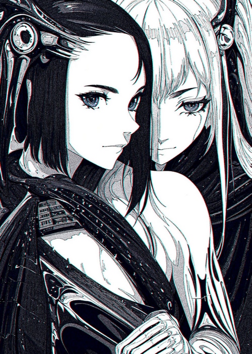 Two anime girls in dark monochrome style