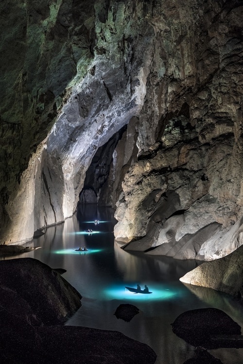 Boats on a river in Hang Son Doong cave, Vietnam
