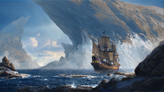 Pirate ship sailing near rocky ice formations