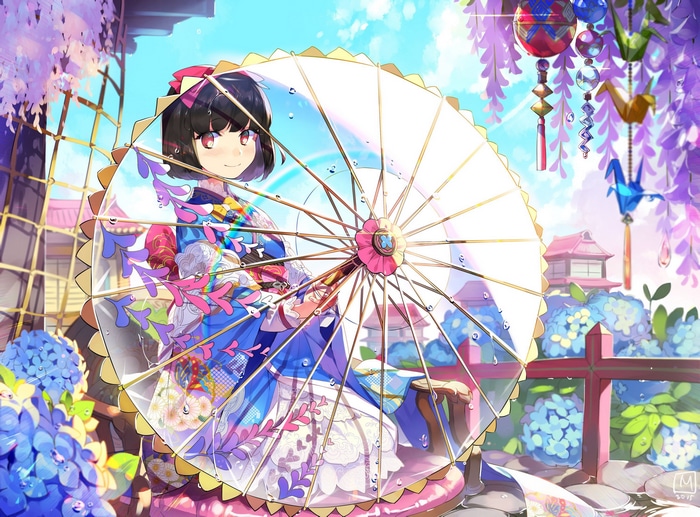 Girl in Kimono Holding Umbrella with Hydrangeas