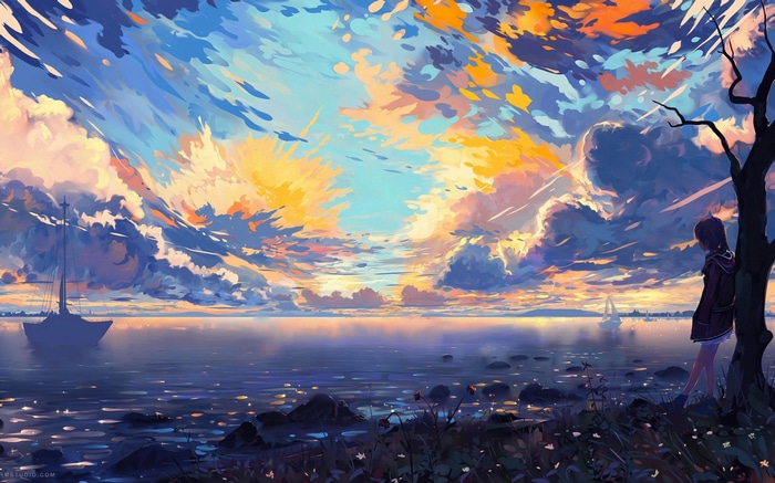 Anime girl watching boats at sunset with colorful clouds