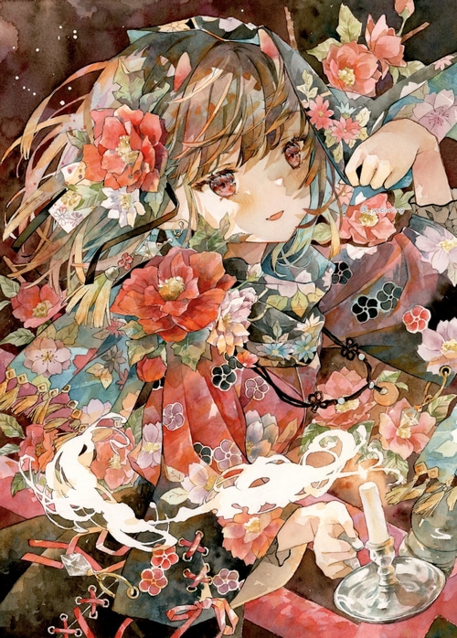 Girl in Kimono with Flowers and Candle
