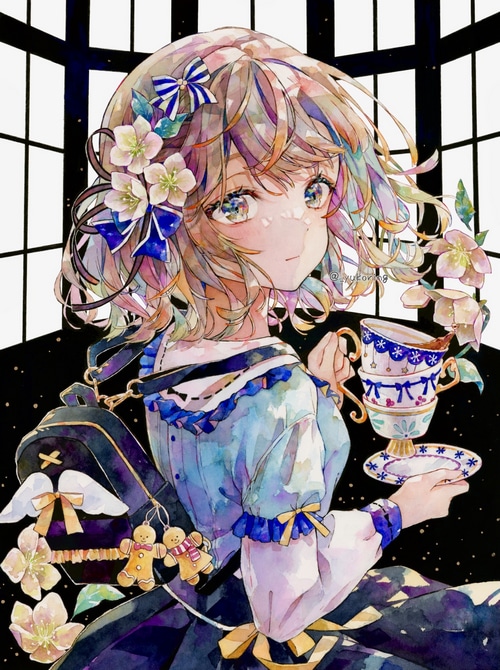 Girl with flowers in hair and tea cups
