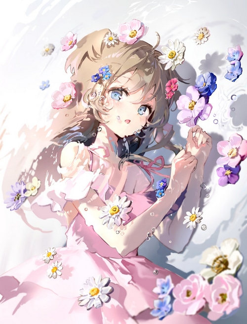 Anime girl lying in water with flowers