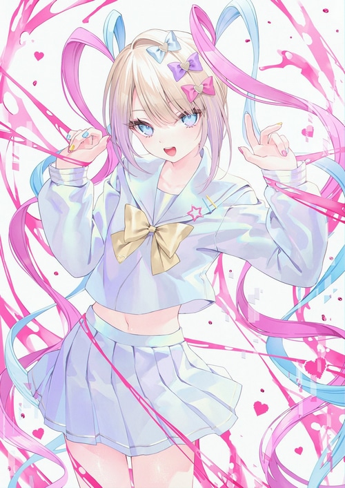 Anime girl in school uniform with pink and blue ribbons