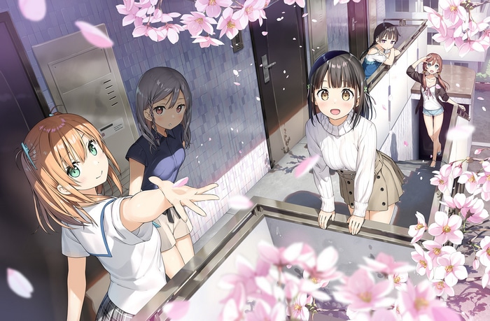 Group of girls on a balcony with cherry blossoms