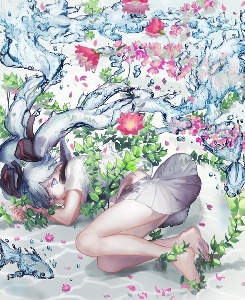 Bottle Miku underwater with flowers and leaves