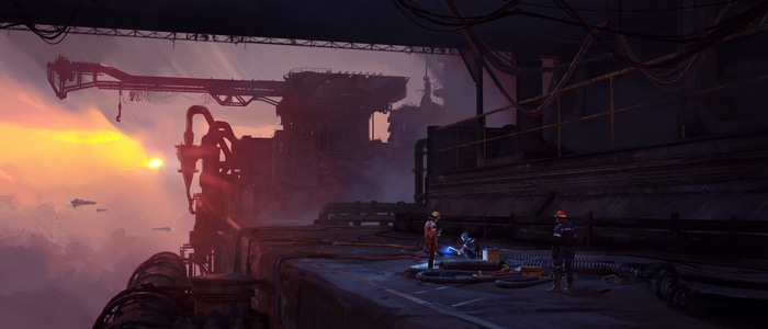 Futuristic industrial environment at sunset with workers