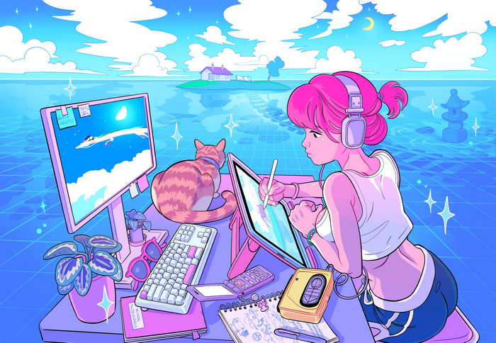 Girl with pink hair drawing on a tablet with a cat