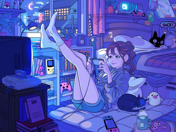 Girl playing video games in a blue-lit bedroom