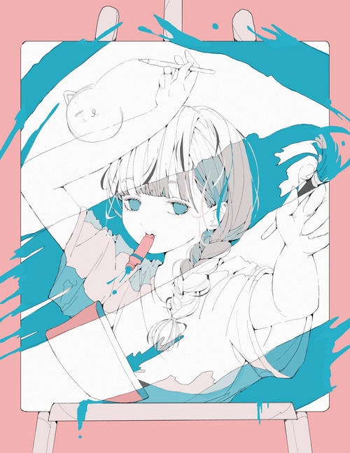 Anime girl with braids painting a cat