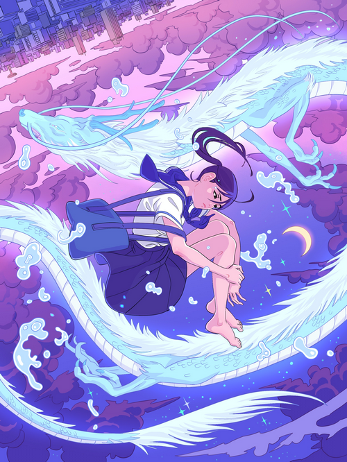 Schoolgirl on a Chinese Dragon flying through clouds