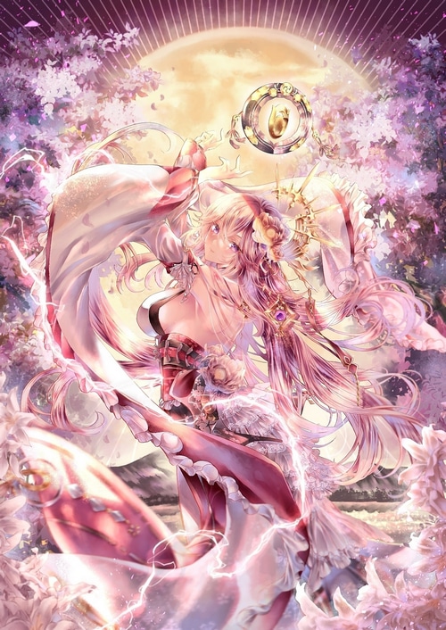 Yae Miko surrounded by flowers and a large moon