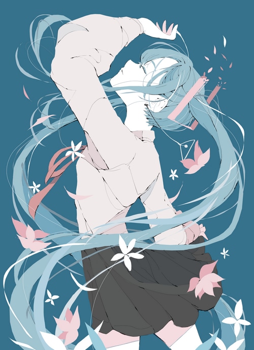 4K Hatsune Miku with blue twintails and flowers