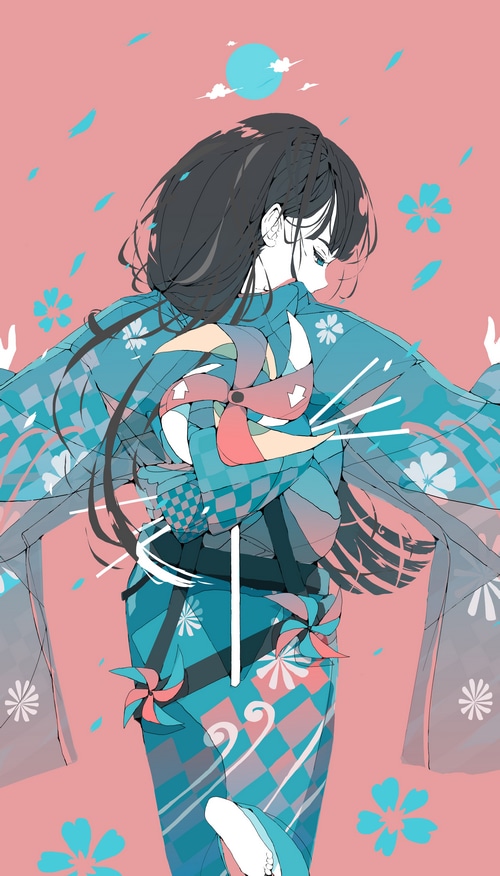 4K anime girl in kimono holding a pinwheel