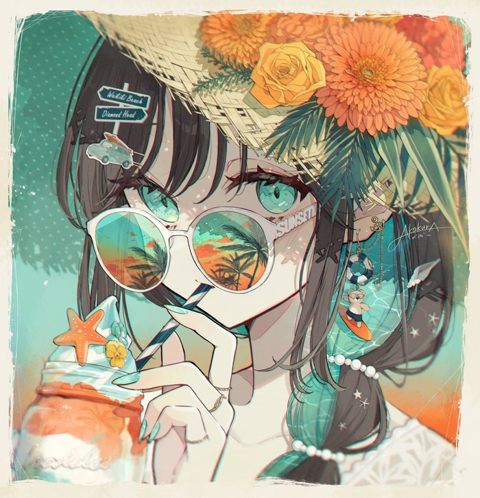 Anime girl with sunglasses and straw hat drinking a beverage