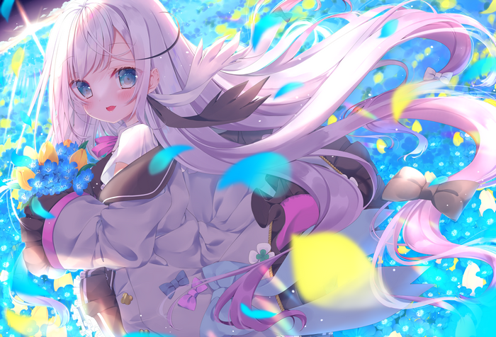 Anime girl with white hair and blue eyes holding flowers