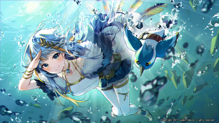 Anime girl with blue hair and a bird underwater