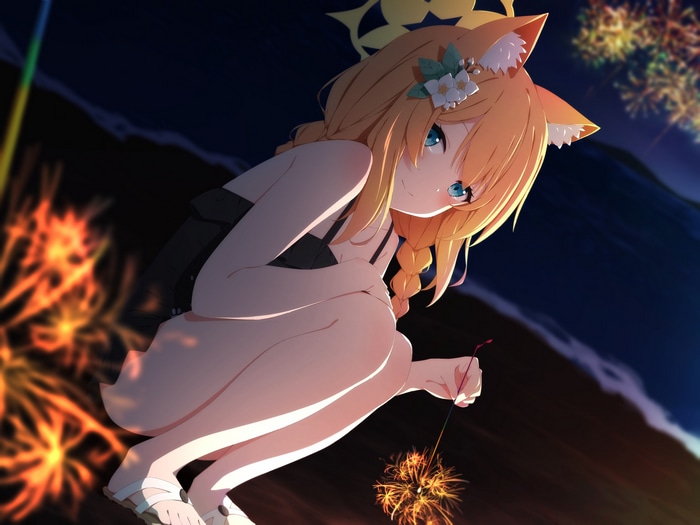 Anime girl with fox ears holding fireworks at night