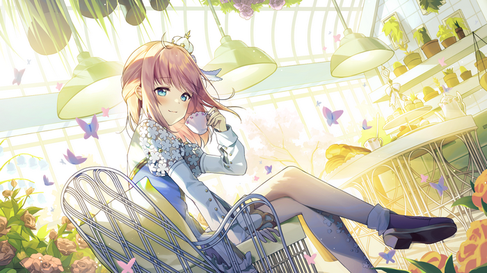 Girl in a greenhouse with flowers and butterflies