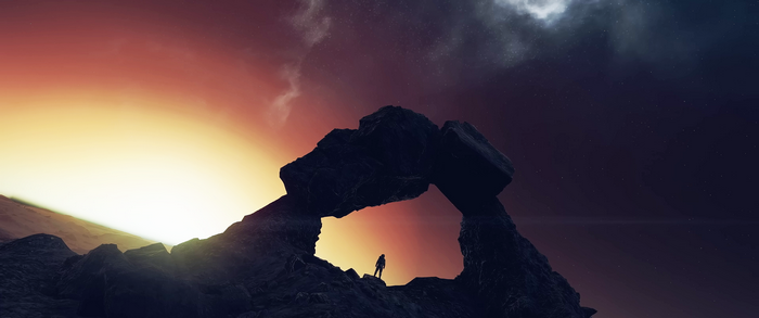 Starfield: Silhouette under a rocky arch at sunset