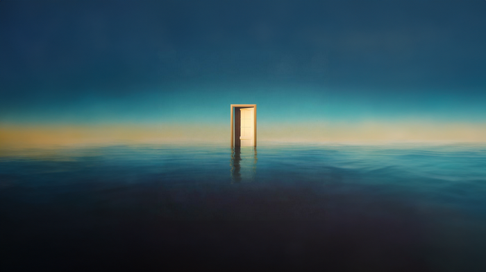 A door stands in the middle of the ocean