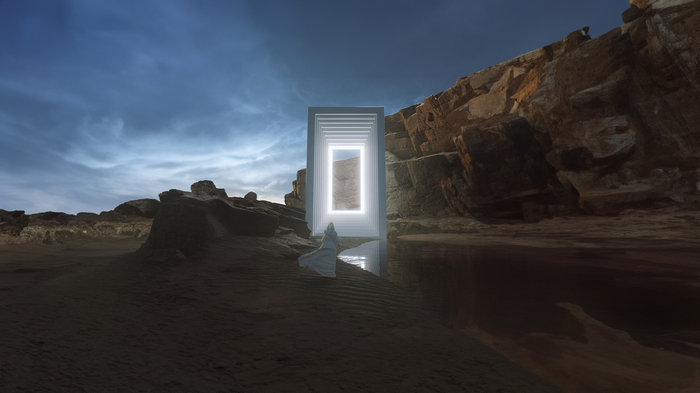 Woman in white dress walks towards glowing portal in desert