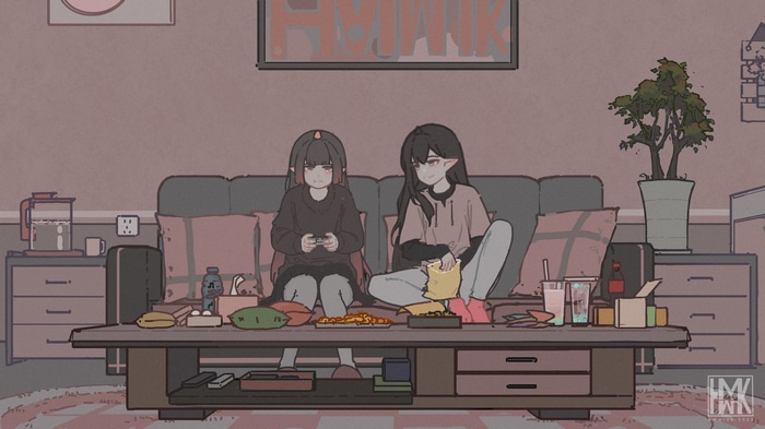 4K anime girls playing video games on couch