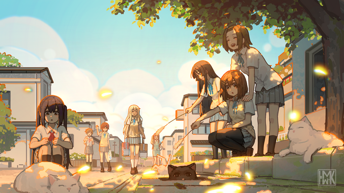 K-ON! 4K street scene with schoolgirls and cats
