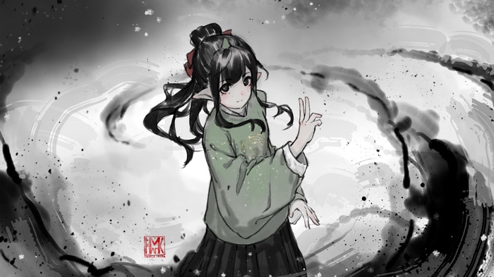 Girl with pointy ears and red ribbon in hair