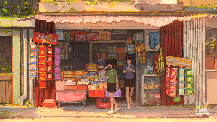 Two girls at a store front with Hua Ming wink sign
