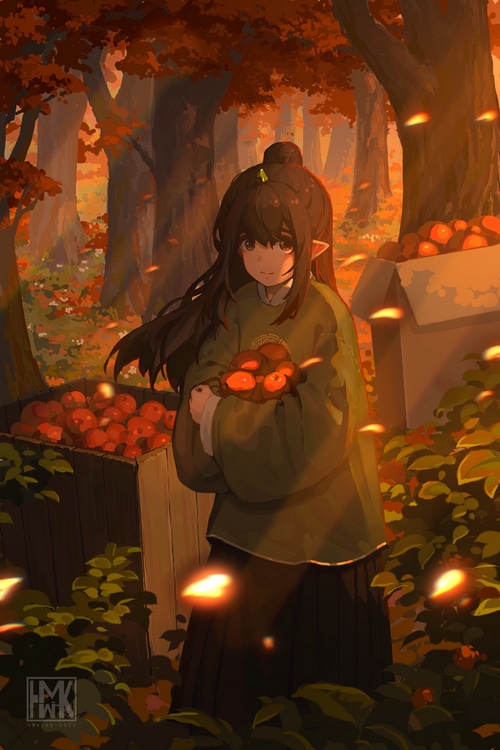 Yun Xi holding apples in an autumn forest
