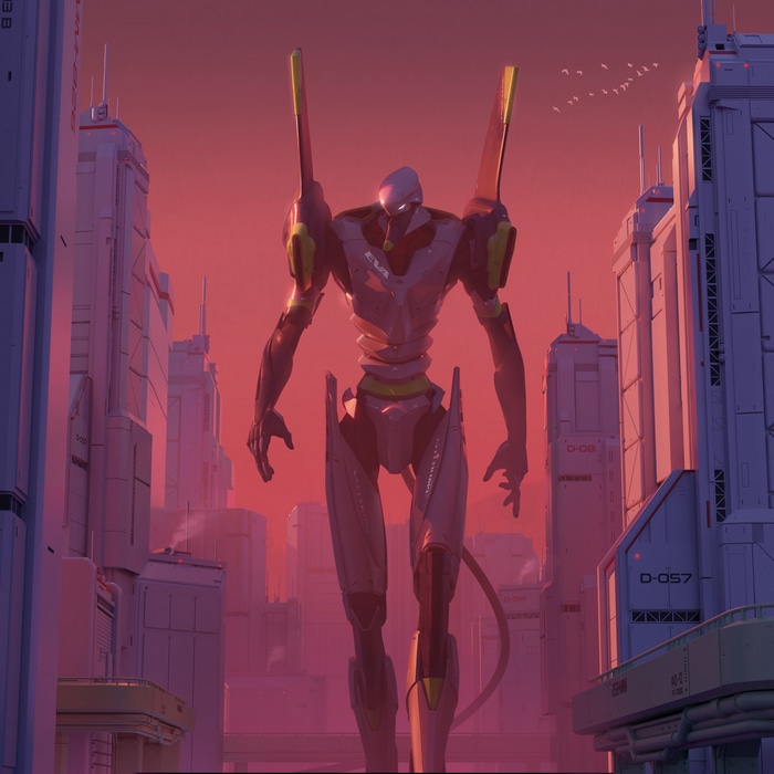 EVA Unit 02 in a futuristic cityscape