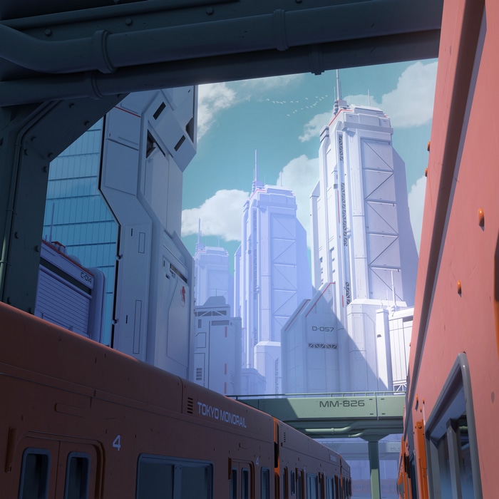 Tokyo Monorail in a Futuristic Cityscape