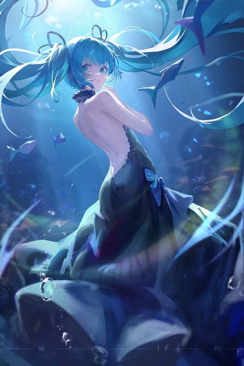 Hatsune Miku underwater with fish and sunlight