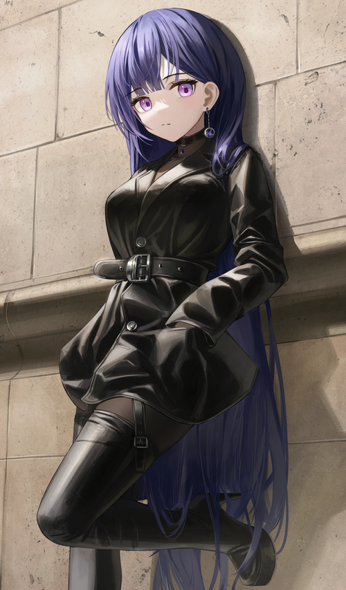 Anime girl with purple hair and eyes in black outfit