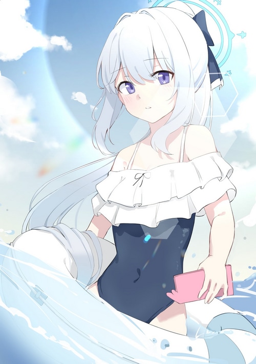 Girl in swimwear with halo and phone in water