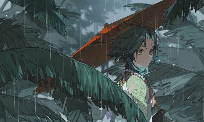 Xiao holding an umbrella in the rain