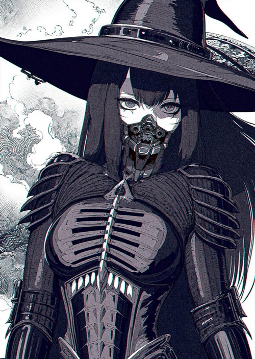 Monochrome witch with a gas mask and armor