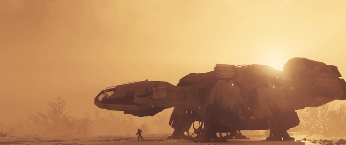 Starfield spaceship on a dusty planet with a person